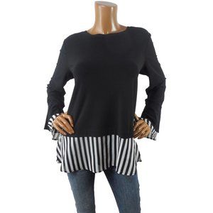 INC Top L Black/White Shirt Striped Chiffon Hem Stretch Flared Long Sleeves